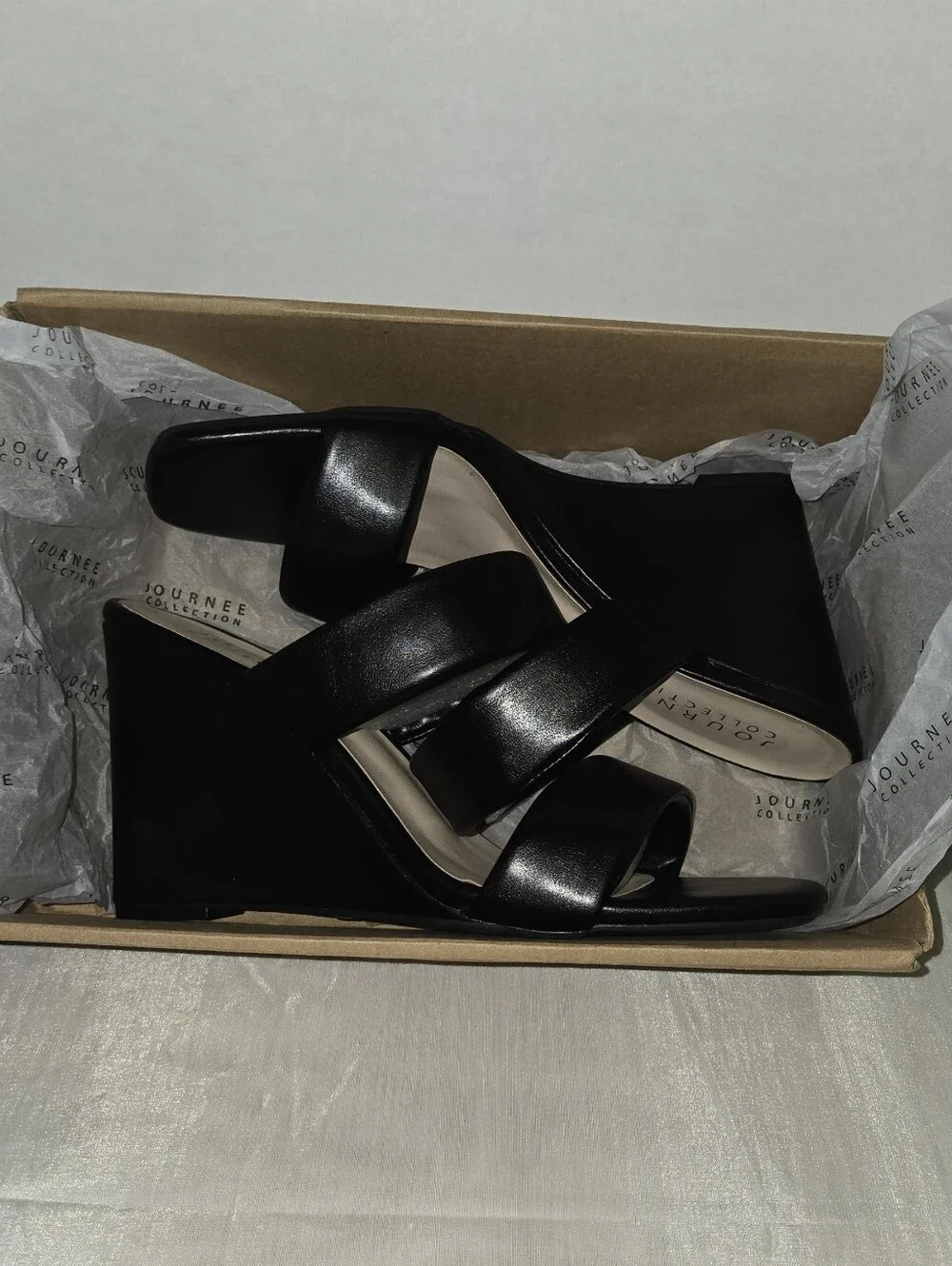 Journee Collection Black Double-Band Wedge Slide Sandals